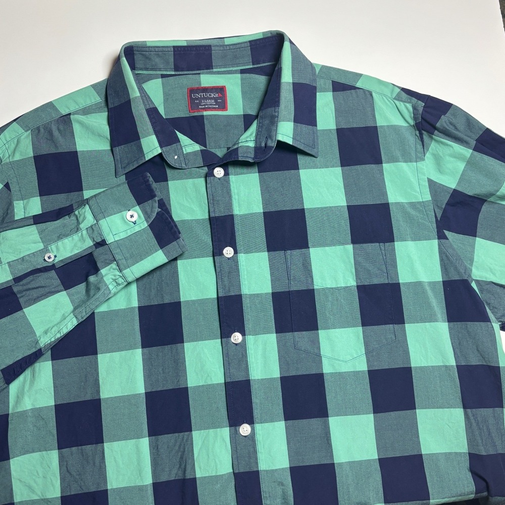 UNTUCKit Buffalo Plaid Green Navy Check Mens XL Long Sleeve Button Up Shirt - Picture 2 of 5